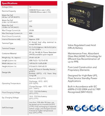 CSB HRL12330W 12V 330W VRLA-AGM Valve Regulated Lead Acid Battery